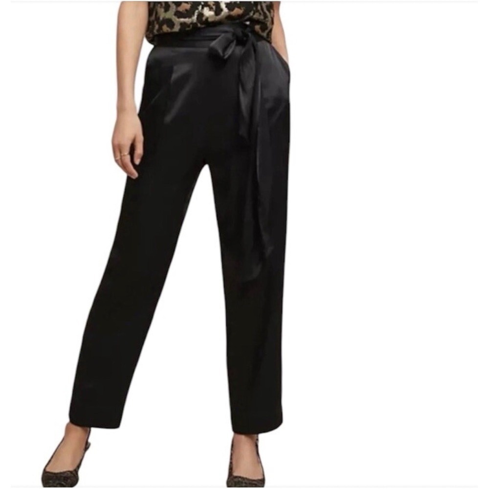 Ett:twa by Anthropologie Black Satin‎ Tie-Waist Pants Women's 14 High Waist Crop